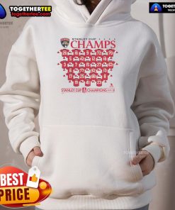 Alt Text: Florida Panthers 2025 Stanley Cup Champions hoodie featuring roster players, perfect for fans celebrating the victory.