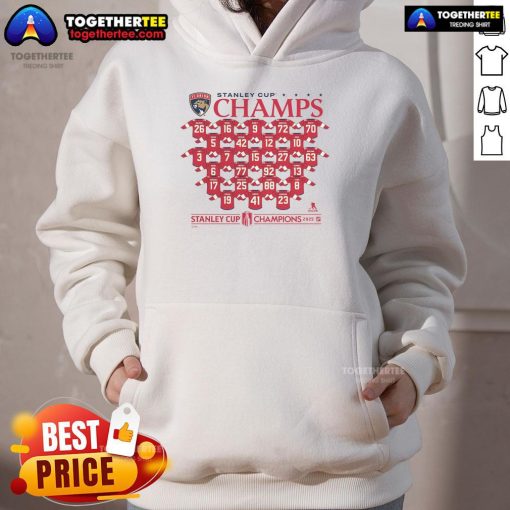 Alt Text: Florida Panthers 2025 Stanley Cup Champions hoodie featuring roster players, perfect for fans celebrating the victory.