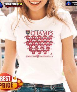 Alt Text: Official Florida Panthers 2025 Stanley Cup Champions jersey featuring roster players on a stylish ladies tee.
