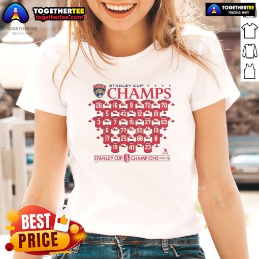 Alt Text: Official Florida Panthers 2025 Stanley Cup Champions jersey featuring roster players on a stylish ladies tee.