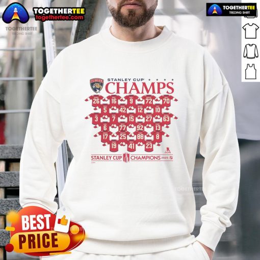 Official Florida Panthers 2025 Stanley Cup Champions sweatshirt featuring roster player names and team logo.