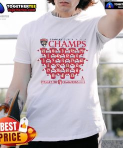 Official Florida Panthers 2025 Stanley Cup Champions jersey t-shirt featuring roster players and team logo.