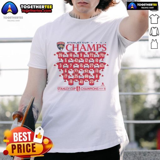 Official Florida Panthers 2025 Stanley Cup Champions jersey t-shirt featuring roster players and team logo.