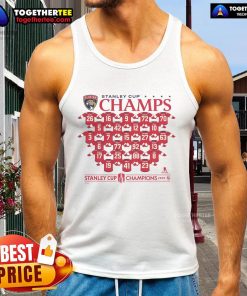 Official Florida Panthers 2025 Stanley Cup Champions jersey tank top featuring roster player names and logo design.