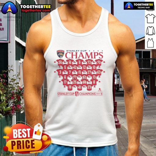 Official Florida Panthers 2025 Stanley Cup Champions jersey tank top featuring roster player names and logo design.