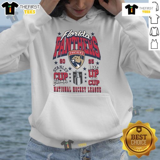 Florida Panthers 2025 Stanley Cup Champions lift the cup hoodie, showcasing team pride and victory in stylish apparel.