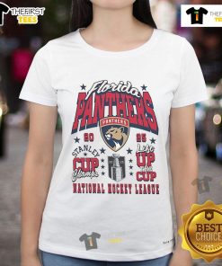 Official Florida Panthers 2025 Stanley Cup Champions lift the cup, featured on a stylish ladies tee.