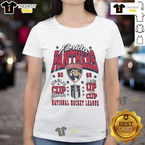 Official Florida Panthers 2025 Stanley Cup Champions lift the cup, featured on a stylish ladies tee.