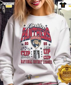 Florida Panthers 2025 Stanley Cup Champions sweatshirt featuring team logo and celebratory design, perfect for fans.