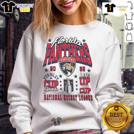 Florida Panthers 2025 Stanley Cup Champions sweatshirt featuring team logo and celebratory design, perfect for fans.