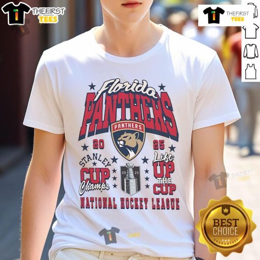 Official Florida Panthers 2025 Stanley Cup Champions Lift The Cup T-Shirt featuring team logo and celebratory design.