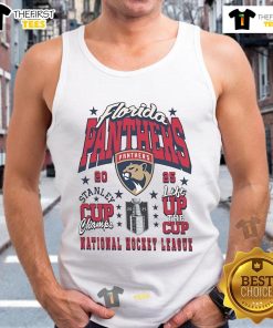 Florida Panthers 2025 Stanley Cup Champions lift the cup in celebration wearing the official tank top.