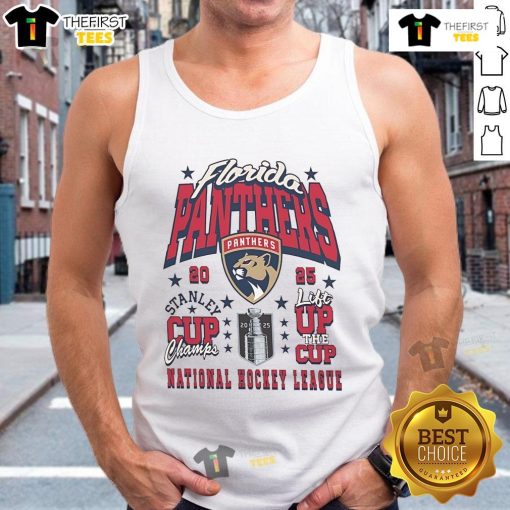 Florida Panthers 2025 Stanley Cup Champions lift the cup in celebration wearing the official tank top.