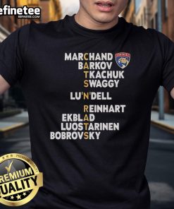 Official Florida Panthers T-Shirt featuring Marchand, Barkov, Tkachuk, Lundell, Reinhart, and Ekblad designs.