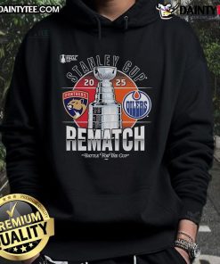 Official Florida Panthers vs Edmonton Oilers 2025 Stanley Cup Final Rematch Hoodie showcasing team logos and vibrant design.