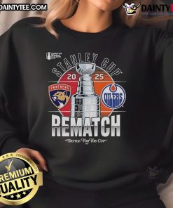 Official Florida Panthers vs Edmonton Oilers 2025 Stanley Cup Final matchup rematch sweatshirt design featuring team logos.