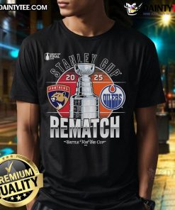Official Florida Panthers vs Edmonton Oilers 2025 Stanley Cup Final rematch T-shirt featuring team logos and vibrant design.