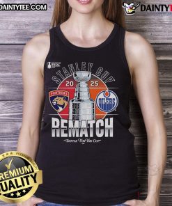 Official Florida Panthers vs Edmonton Oilers 2025 Stanley Cup Final matchup rematch tank top showcasing team logos.