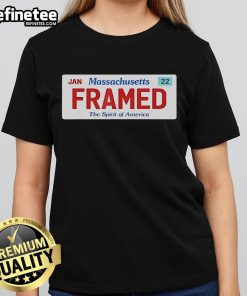 Official framed Massachusetts license plate design with police justice satire logo on a ladies tee.