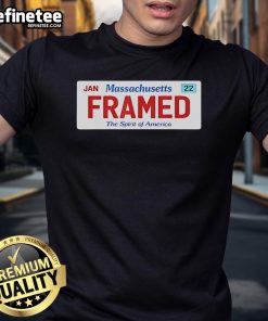 Alt Text: Official framed Massachusetts license plate police justice satire logo t-shirt design showcasing humor and law enforcement theme.