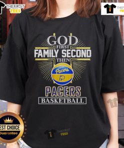 Official God First Family Second Indiana Pacers Basketball Cross Ladies Tee in vibrant design for fans and casual wear.