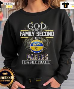 Cozy Official God First Family Second Indiana Pacers basketball cross sweatshirt for fans and casual wear.