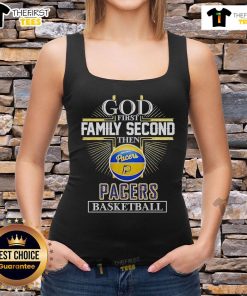 God First Family Second Indiana Pacers basketball cross tank top worn by a fan at a game, showcasing team spirit.