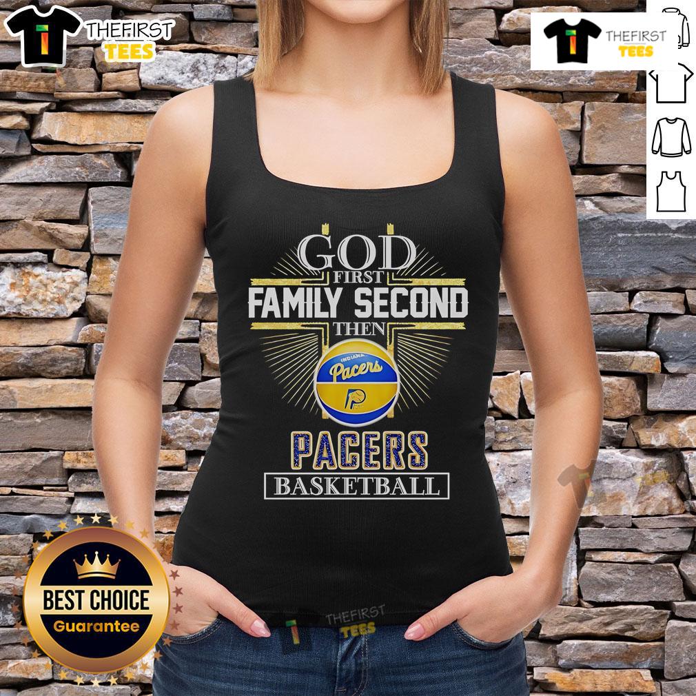 Official God First Family Second Then Indiana Pacers Basketball Cross Tank Top God First Family Second Indiana Pacers basketball cross tank top worn by a fan at a game, showcasing team spirit.