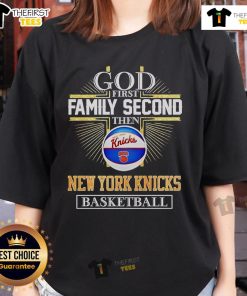 Alt Text: Official God First Family Second New York Knicks Basketball Cross Ladies Tee in vibrant colors, perfect for fans.