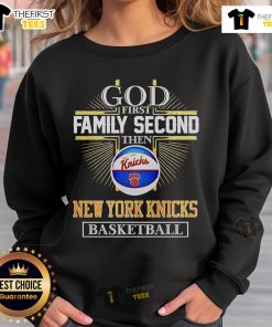 Official God First Family Second Then New York Knicks basketball cross sweatshirt in navy blue, perfect for fans.