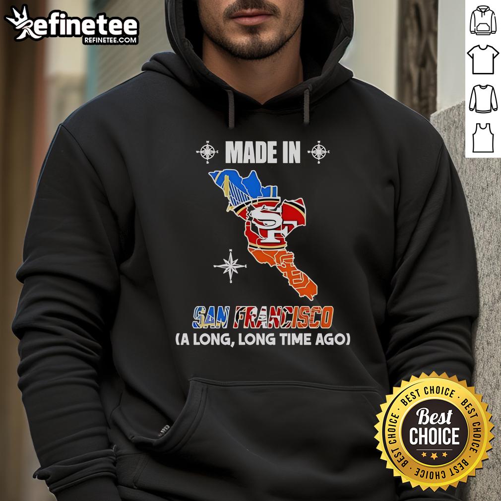 Official Golden State 49ers Giants Made In San Francisco A Long And Long Time Ago Logos In Map Hoodie Alt Text: Official Golden State 49ers Giants hoodie featuring vintage San Francisco logos in a stylish map design.