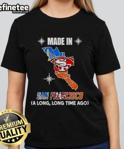 Official Golden State 49ers Giants logos on a vintage map, featuring a ladies tee design made in San Francisco.