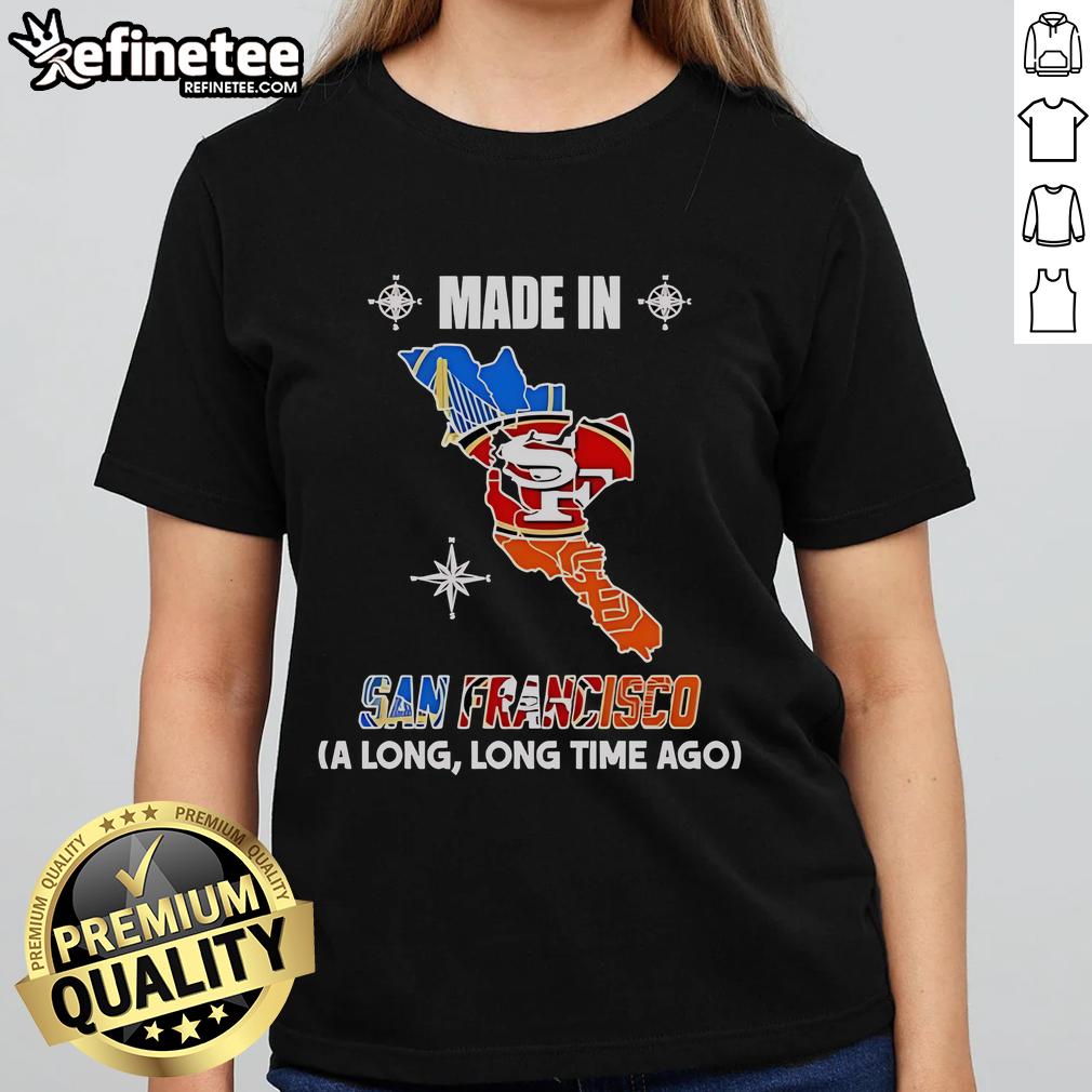 Official Golden State 49ers Giants Made In San Francisco A Long And Long Time Ago Logos In Map Ladies-Tee Official Golden State 49ers Giants logos on a vintage map, featuring a ladies tee design made in San Francisco.