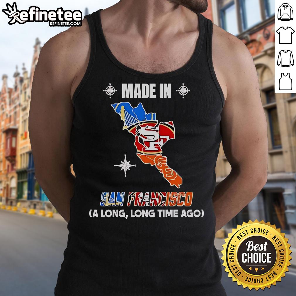 Official Golden State 49ers Giants Made In San Francisco A Long And Long Time Ago Logos In Map Tank Top Golden State 49ers Giants tank top featuring vintage logos in a map design, made in San Francisco.