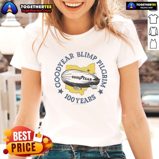Official Goodyear Blimp Pilgrim 100 Years Ladies Tee featuring a stylish design celebrating a century of aviation history.