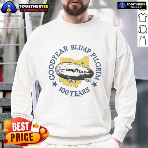 Alt Text: Official Goodyear Blimp Pilgrim 100 Years Sweatshirt featuring a classic design and commemorative logo.