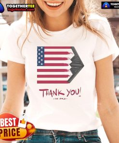 Gunther Eagleman Thank You Flag USA Ladies Tee featuring patriotic design and vibrant colors for stylish casual wear.