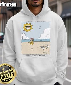 Alt Text: Official Heathcliff This Looks Like Trouble Fun Helmet Daily Hoodie featuring a playful design and vibrant colors.