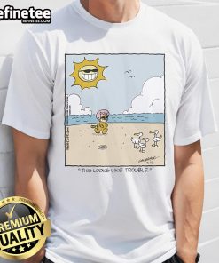 Official Heathcliff This Looks Like Trouble Fun Helmet Daily T-Shirt featuring a playful design and vibrant colors.