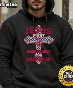 Official Houston Rockets 'Jesus First' hoodie featuring a bold design that inspires with the phrase 'Strengthens Me.'