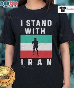 Official I Stand With Iran Protest Ladies Tee featuring bold graphic design supporting women's rights in Iran.