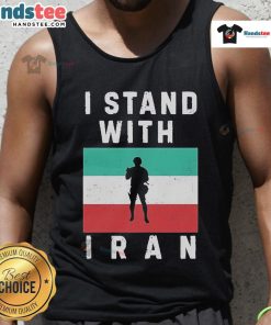 Alt Text: Woman wearing an 'I Stand With Iran' protest tank top, showcasing support for Iranian activism and human rights.