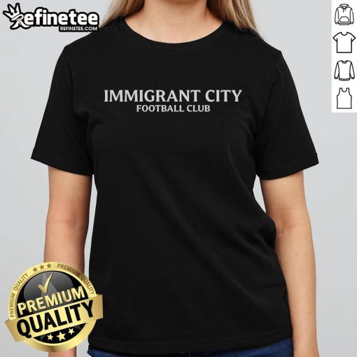 Alt Text: Official Immigrant City Football Club Los Angeles Ladies Tee, promoting inclusivity in sports for everyone.