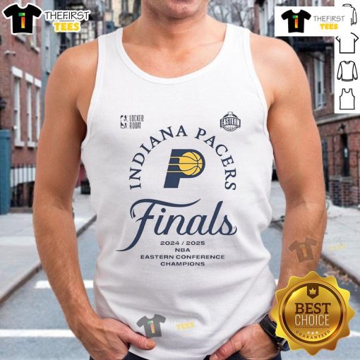 Official Indiana Pacers 2025 Eastern Conference Champions NBA Playoffs tank top featuring team logo and vibrant colors.