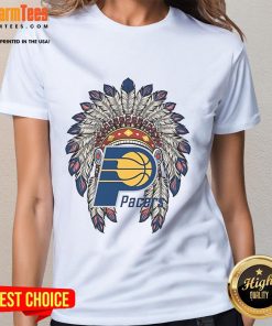 Alt Text: Official Indiana Pacers Native American logo on a stylish ladies tee, perfect for fans and casual wear.