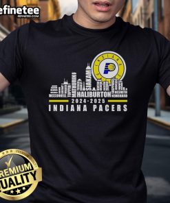 Alt Text: Official Indiana Pacers NBA 2024-2025 Skyline T-Shirt featuring team colors and logo on a stylish design.