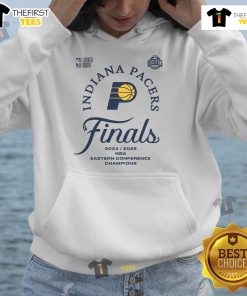 Official Indiana Pacers NBA Finals Eastern Conference Champions 2025 hoodie in blue with logo and championship details.