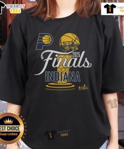 Official Indiana Pacers Stadium Essentials 2025 NBA Finals Ladies Tee showcasing team colors and logo for fans.
