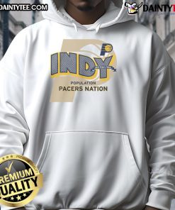Official Indiana Pacers Stadium Essentials Greetings Hoodie displayed on a hanger, featuring team colors and logo.