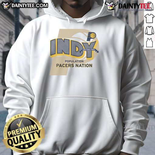 Official Indiana Pacers Stadium Essentials Greetings Hoodie displayed on a hanger, featuring team colors and logo.